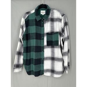 American Eagle Top Womens Medium Green Plaid Flannel Button Grunge Oversized